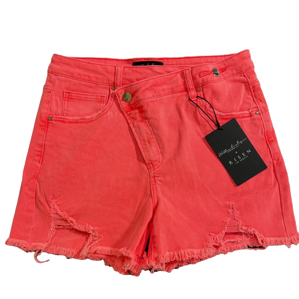 Risen High Waist Distressed Women's Shorts in Coral Pink